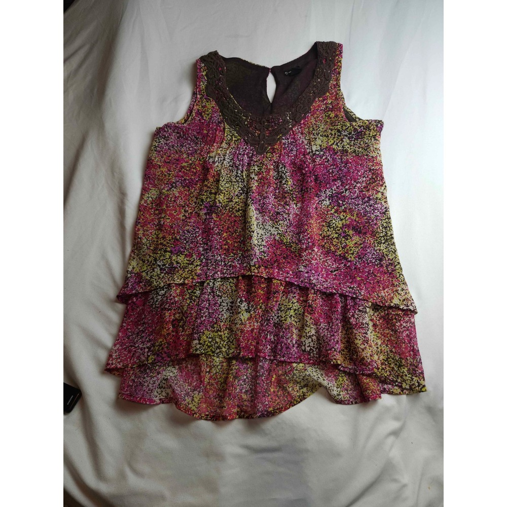 New Directions Pink Abstract Print Tiered Ruffle Blouse Crochet Neck Womens L
